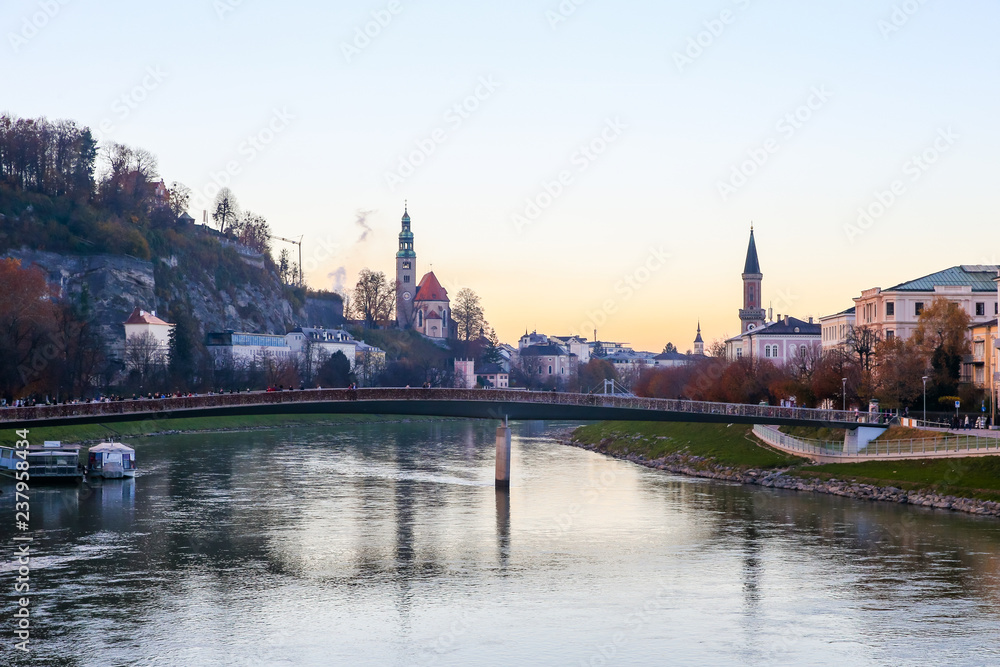 Fototapeta premium Riverside views of Salzburg Austria looking up the Salzach 