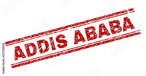 ADDIS ABABA seal print with grunge texture. Red vector rubber print of ADDIS ABABA text with unclean texture. Text tag is placed between double parallel lines.