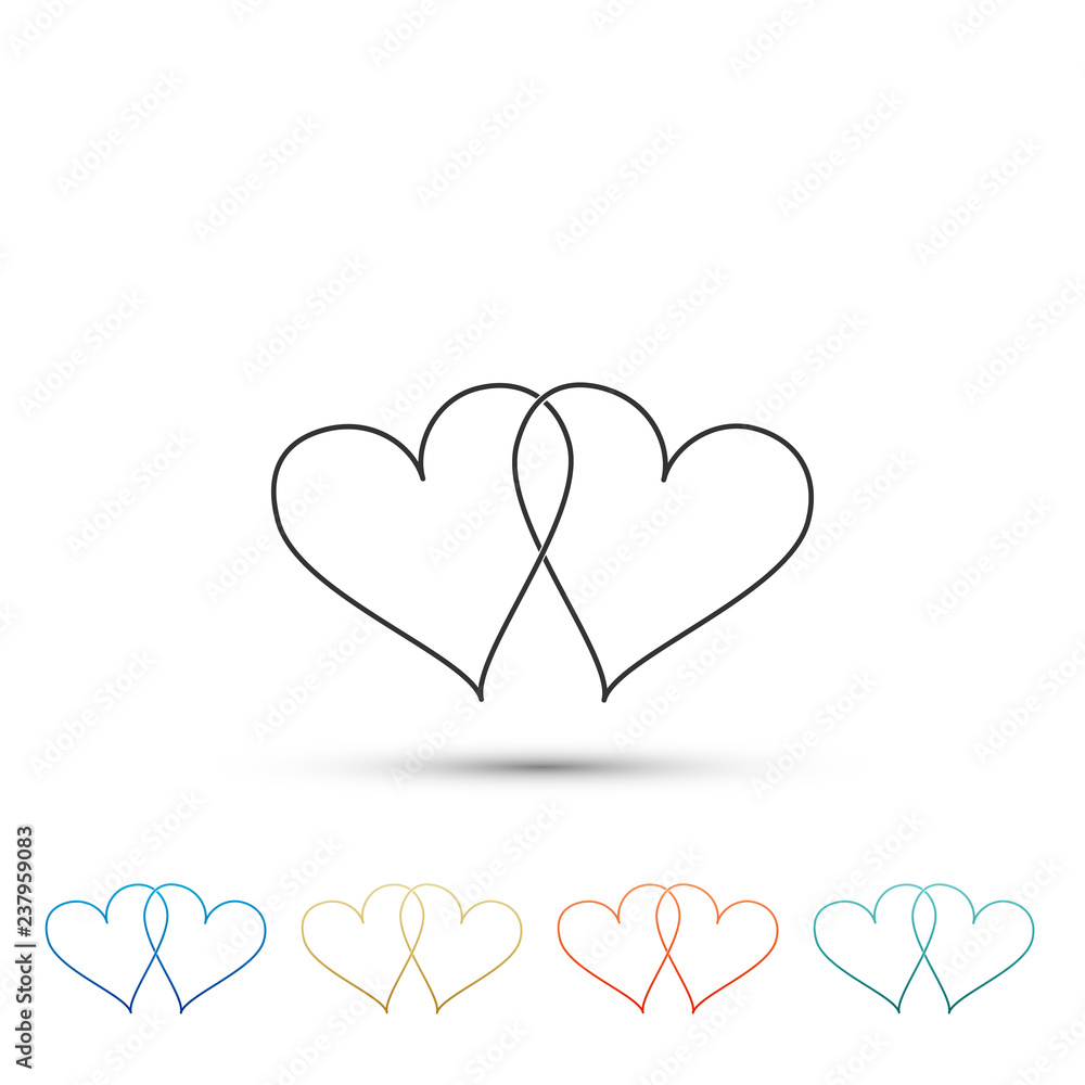Two Linked Hearts icon isolated on white background. Heart two love sign. Romantic symbol linked, join, passion and wedding. Valentine day symbol. Set in colored icon. Flat design. Vector Illustration