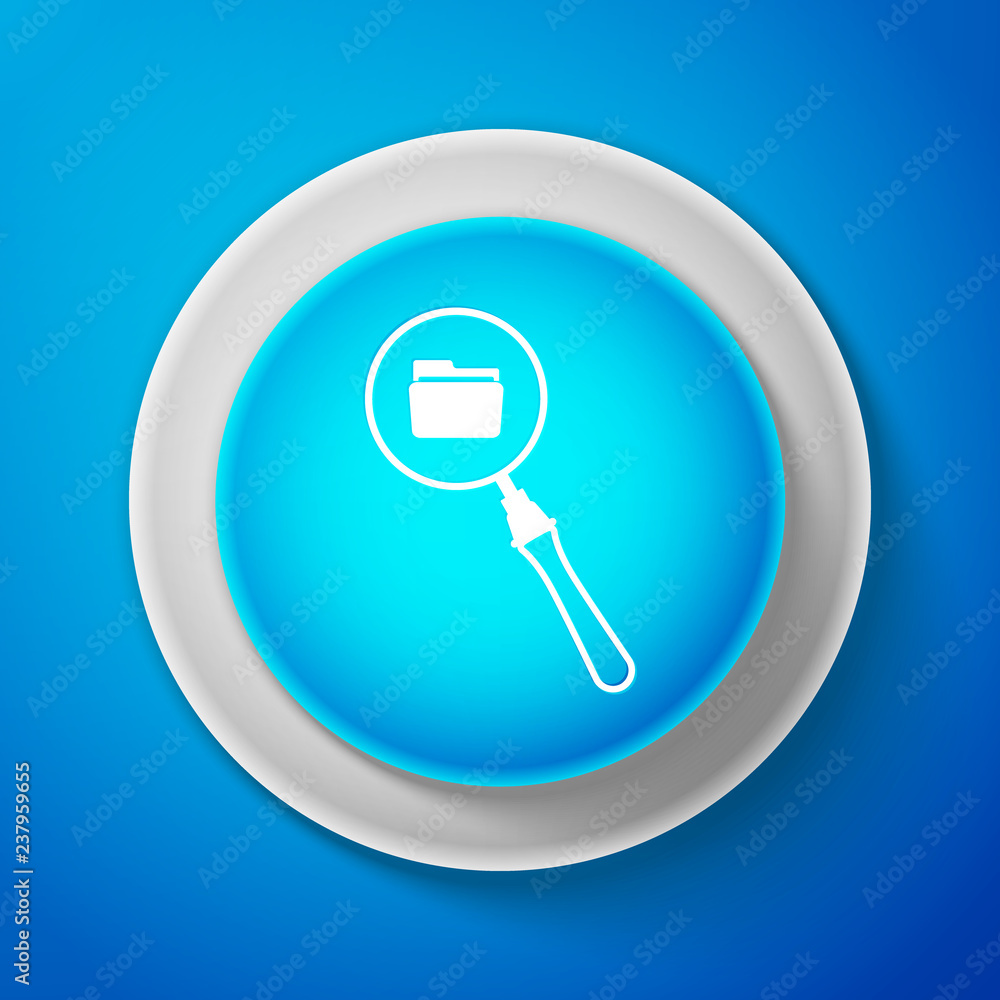 White Search concept with folder icon isolated on blue background. Magnifying glass and document. Data and information sign. Circle blue button with white line. Vector illustration White Search concept with folder icon isolated on blue background. Magnifying glass and document. Data and information sign. Circle blue button with white line. Vector illustration