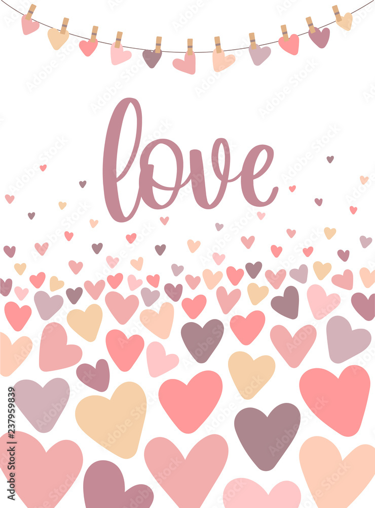 Vector image of the inscription Love on the background of hearts. Illustration for Valentine's Day, lovers, prints, clothes, textiles, cards, banners, flyers, holidays.