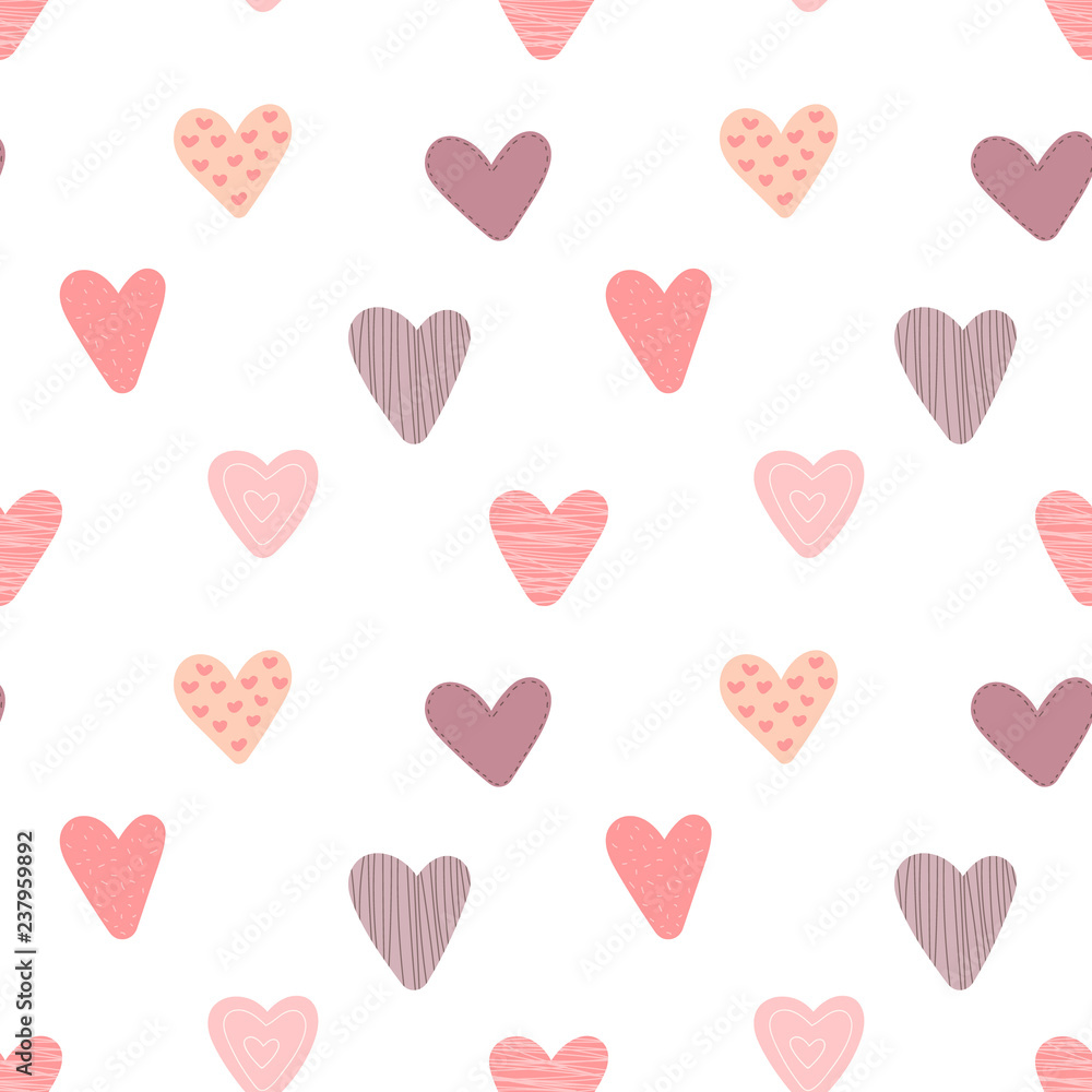 Seamless pattern of hand-drawn hearts with ornaments. Vector image for Valentine's Day, lovers, prints, clothes, textiles, cards, holidays, children, baby shower, wrapping paper, love.