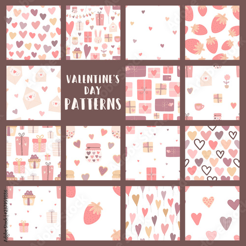 Сollection of seamless patterns on the theme of love in pink, purple, beige colors. Vector image for Valentine's Day, lovers, prints, clothes, textiles, cards, flyers, holidays, children, baby shower
