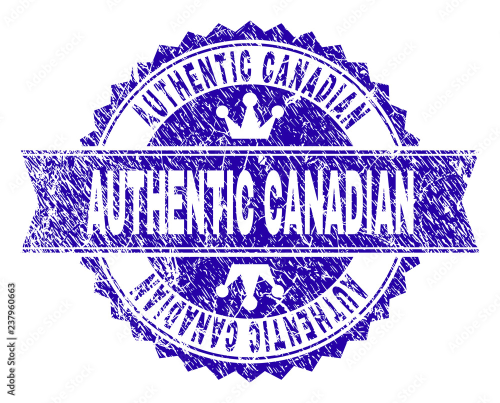 Obraz premium AUTHENTIC CANADIAN rosette seal imitation with grunge style. Designed with round rosette, ribbon and small crowns. Blue vector rubber watermark of AUTHENTIC CANADIAN tag with grunge style.