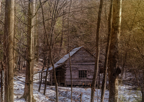 abandoned winter cabin