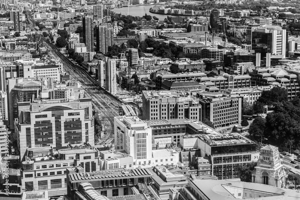 Beautiful panorama of London city taken from above in black and white,  United Kingdom