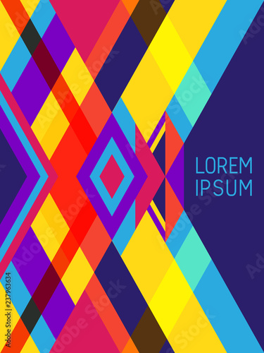 Cover page layout vector template geometric design with triangles and stripes pattern in red blue yellow violet.