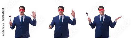 Foto Lawyer with blindfold holding a gavel isolated on white