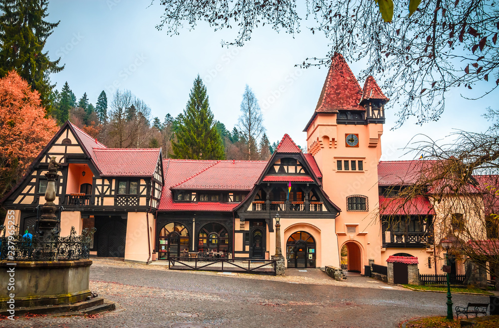 Fototapeta premium Typical houses near Peles castle in the city Sinaia, Carpathian Mountains, Romania