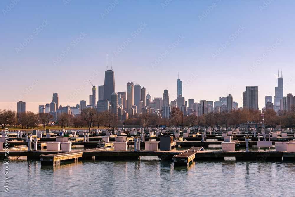 Fototapeta premium Chicago Skyline from Diversey Harbor during Winter