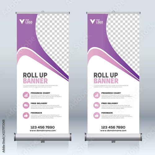 Roll up banner design template, vertical, abstract background, pull up design, modern x-banner, rectangle size. 