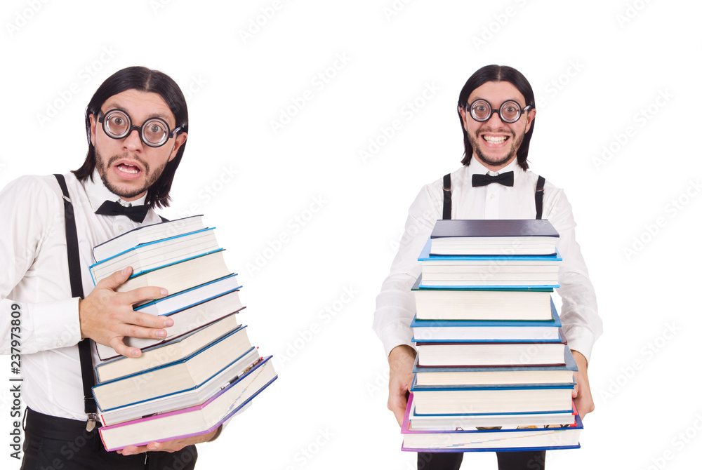 Funny student with books isolated on white Funny student with books isolated on white