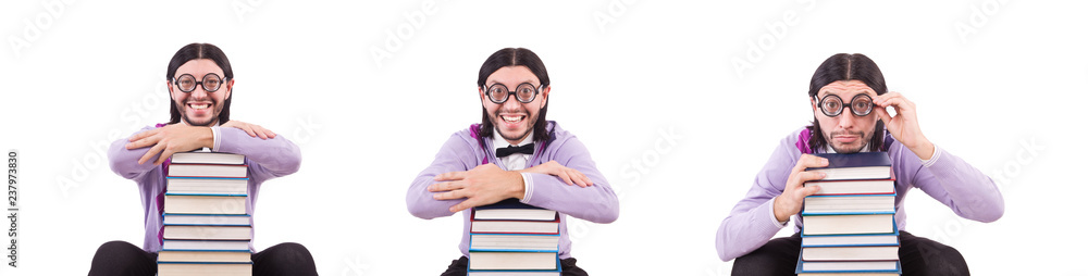 Funny student with books isolated on white Funny student with books isolated on white