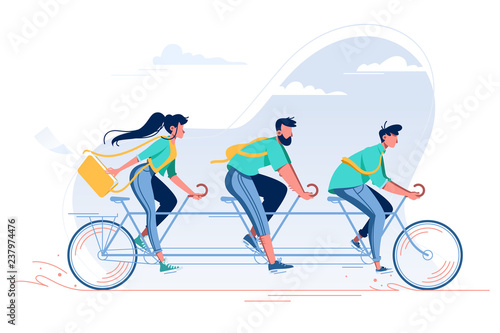 Team with young woman, man with beard and student riding a bike.