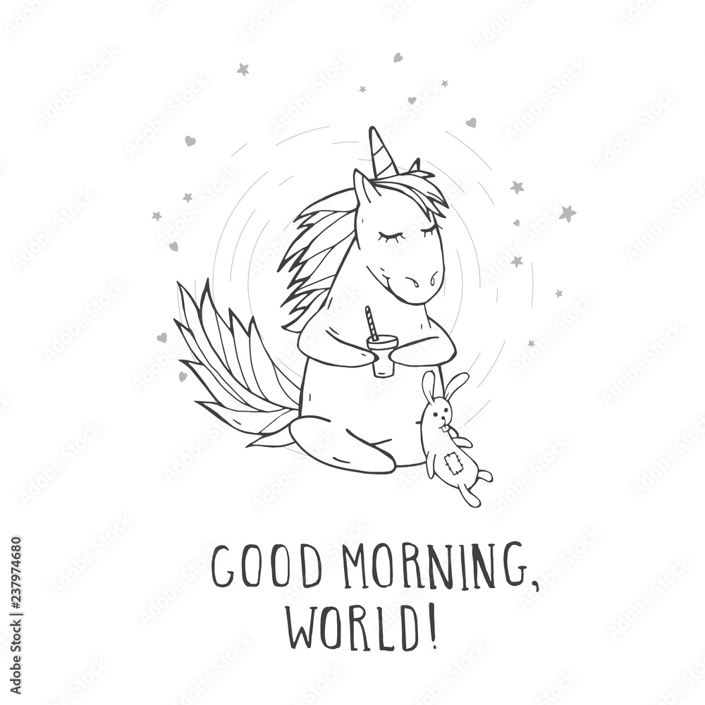 Fototapeta Vector illustration of hand drawn cute sitting unicorn with toy rabbit, hearts and text - GOOD MORNING, WORLD! On withe background.