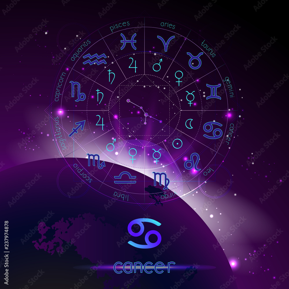 Vector illustration of sign and constellation CANCER and Horoscope circle with astrology pictograms against the space background. Vector illustration of sign and constellation CANCER and Horoscope circle with astrology pictograms against the space background.