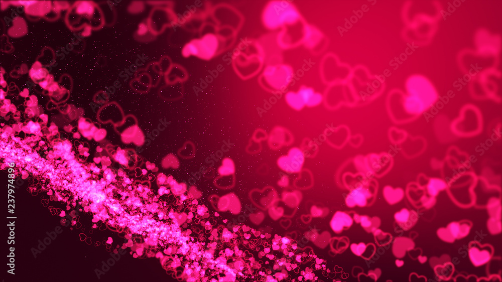 Valentine's day background, digital signature with sparkling heart shaped particles, and areas with depth of field. The particles are pink light lines.
