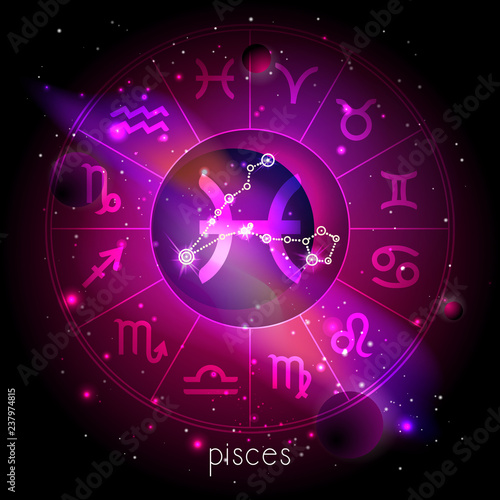Vector illustration of sign and constellation PISCES with Horoscope circle against the space background.