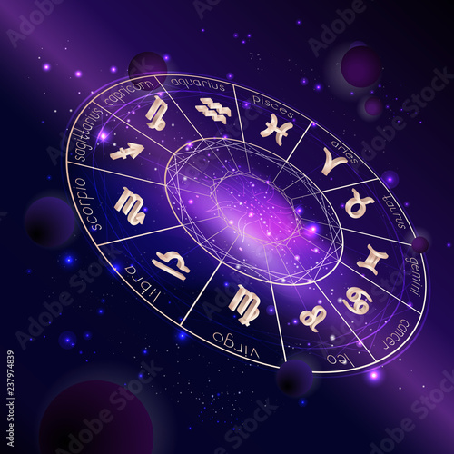 Vector illustration of Horoscope circle with Zodiac signs against the space background.