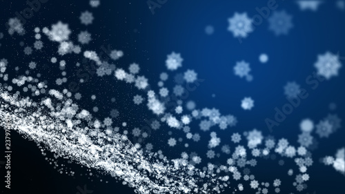Dark blue background, digital signature with sparkling snow flake white particles, and areas with depth of field.