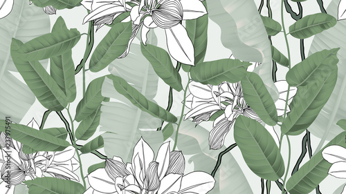 Botanical seamless pattern, banana leaves, vines and other leaves on light green background