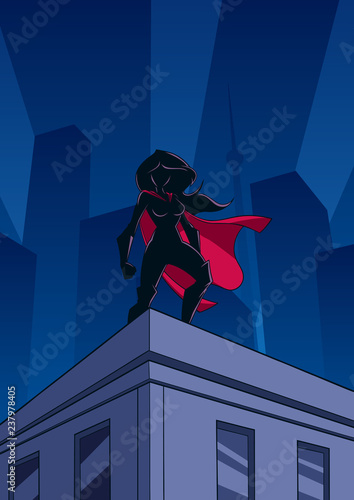 Superheroine watching over the city from the roof of a tall building at night.  