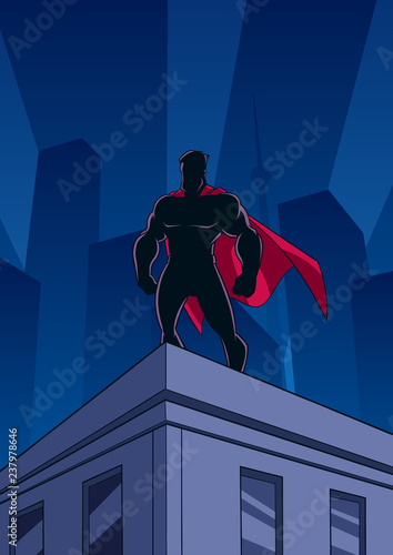 Superhero watching over the city from the roof of a tall building at night.  