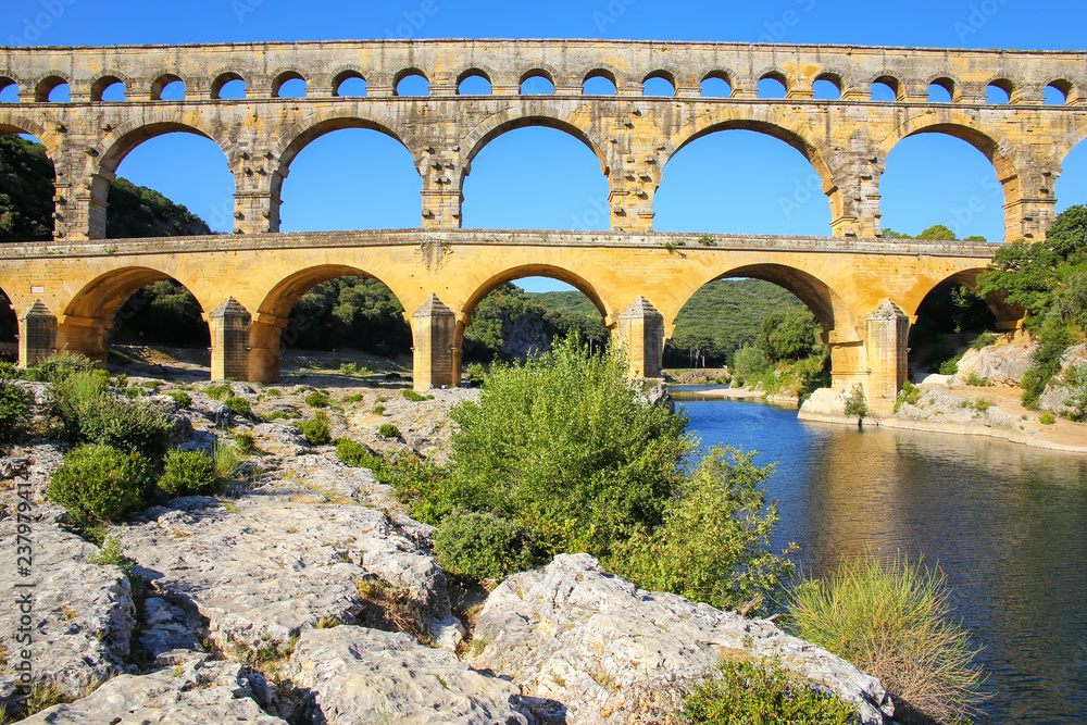 Aqueduct Pont du Gard and Gardon River in southern France