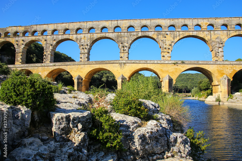 Aqueduct Pont du Gard and Gardon River in southern France