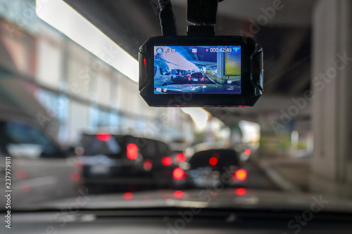 Wall Mural Dash Camera or car video recorder in vehicle on the way