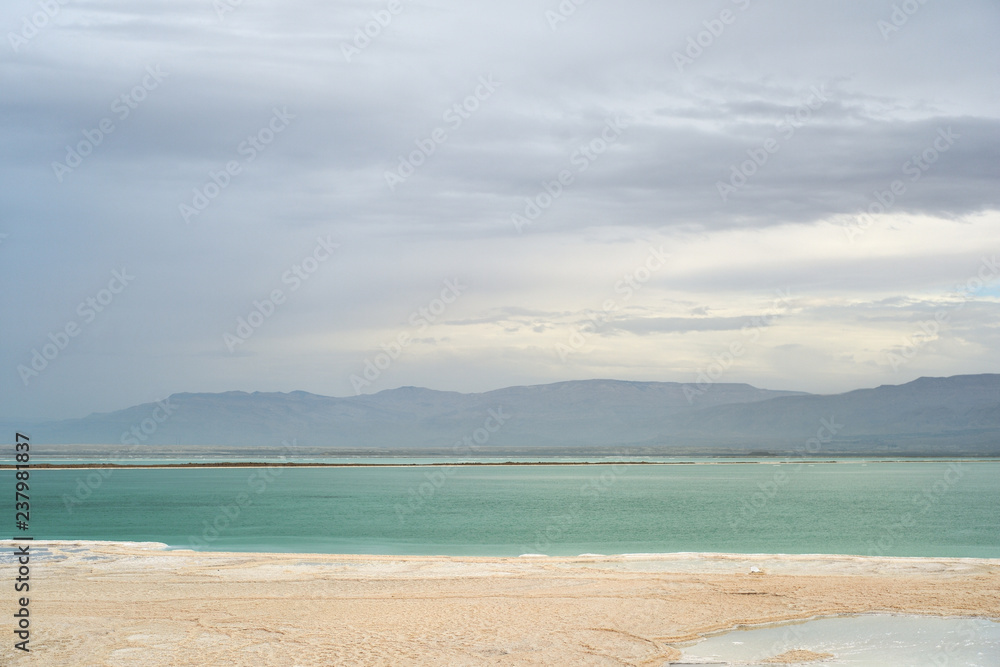Coast of the Dead Sea in Israel on a cloudy day
