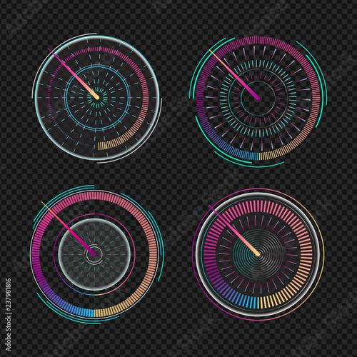 Speedometers for dashboard. Measuring speed analog indicator device. Set of isolated futuristic speedometer, technology gauge with arrow or pointer for vehicle panel, web download speed sign. Vector.