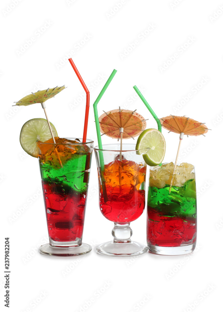 Glass jars with colorful cocktails on a white background Glass jars with colorful cocktails on a white background