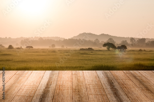 Fotografie empty wooden table ricefield and sunrise background
