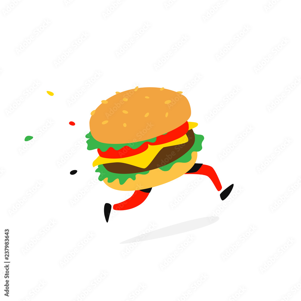 Icon running hamburger. Logo for fast food and food delivery. Funny illustration of a sandwich with a cutlet. Cartoon badge, emblem for the company. Sticker and mascot for the store site. Icon running hamburger. Logo for fast food and food delivery. Funny illustration of a sandwich with a cutlet. Cartoon badge, emblem for the company. Sticker and mascot for the store site.