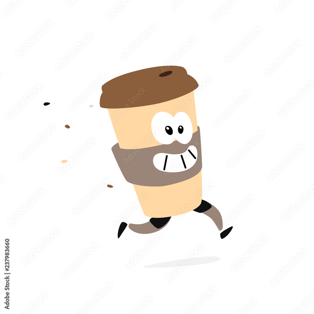 Icon running character glasses. Logo for coffee shops and fast food. Funny illustration of a cardboard cup. Cartoon badge, emblem for the company. Sticker and mascot for the store site.