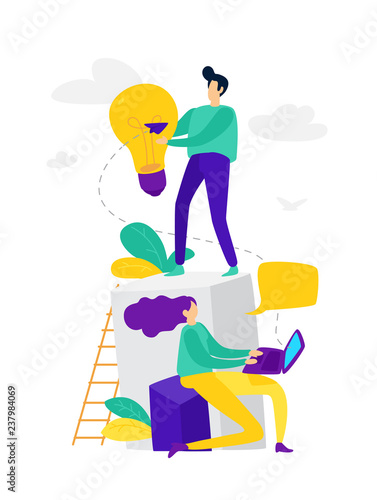 Illustration, online assistant at work, online promotion, remote work manager, search for new ideas, teamwork in a company, brainstorming.