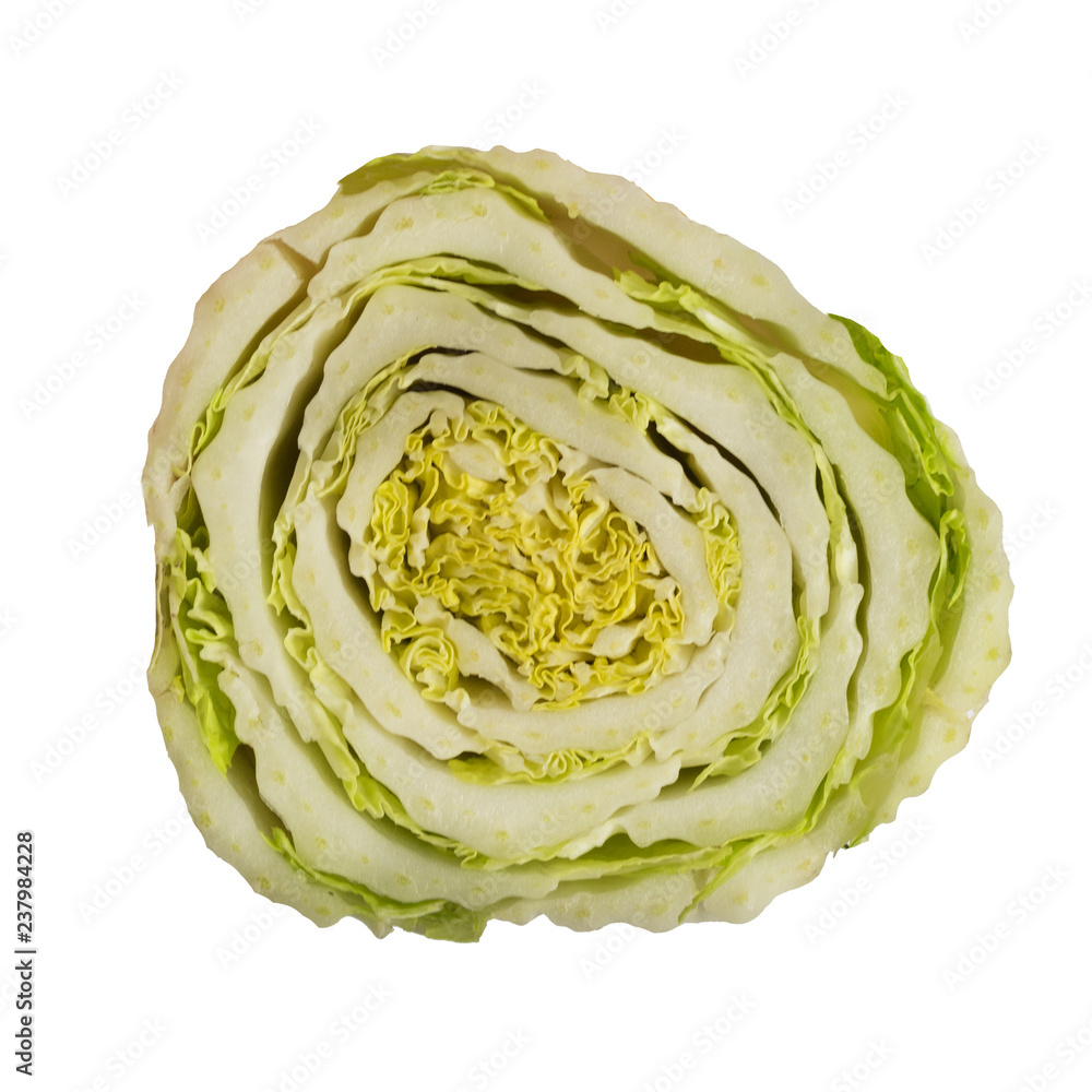 Obraz premium Chinese cabbage cut isolated on white background. Vegetarian healthy food.