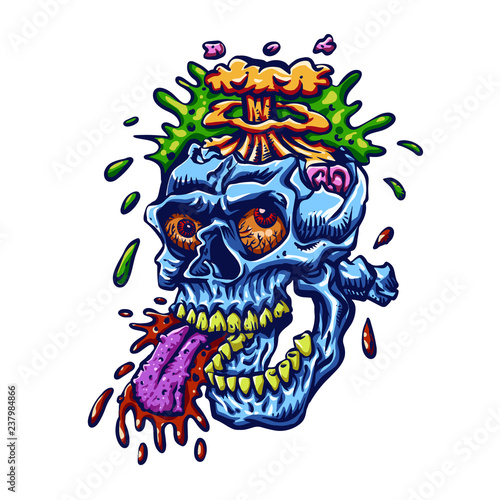 Blue zombie skull with head exploding