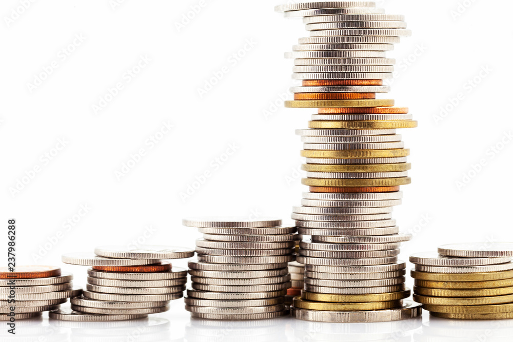 row of coin money on white background row of coin money on white background