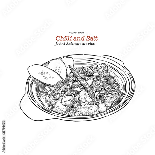 Chilli and salt fried salmon on rice, vector.