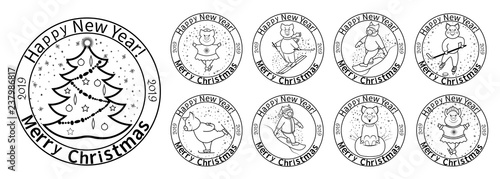 The symbol of the New Year 2019 is a pig engaged in winter sports. Post stamps. Skater, snowboarder, skier, cheesecake, skater, hockey player. Set of icons. On a white background. Isolated Vector