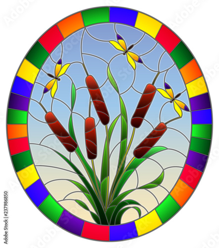 Illustration in stained glass style with bouquet of   bulrush and dragonflies on a sky background ,round image in bright frame