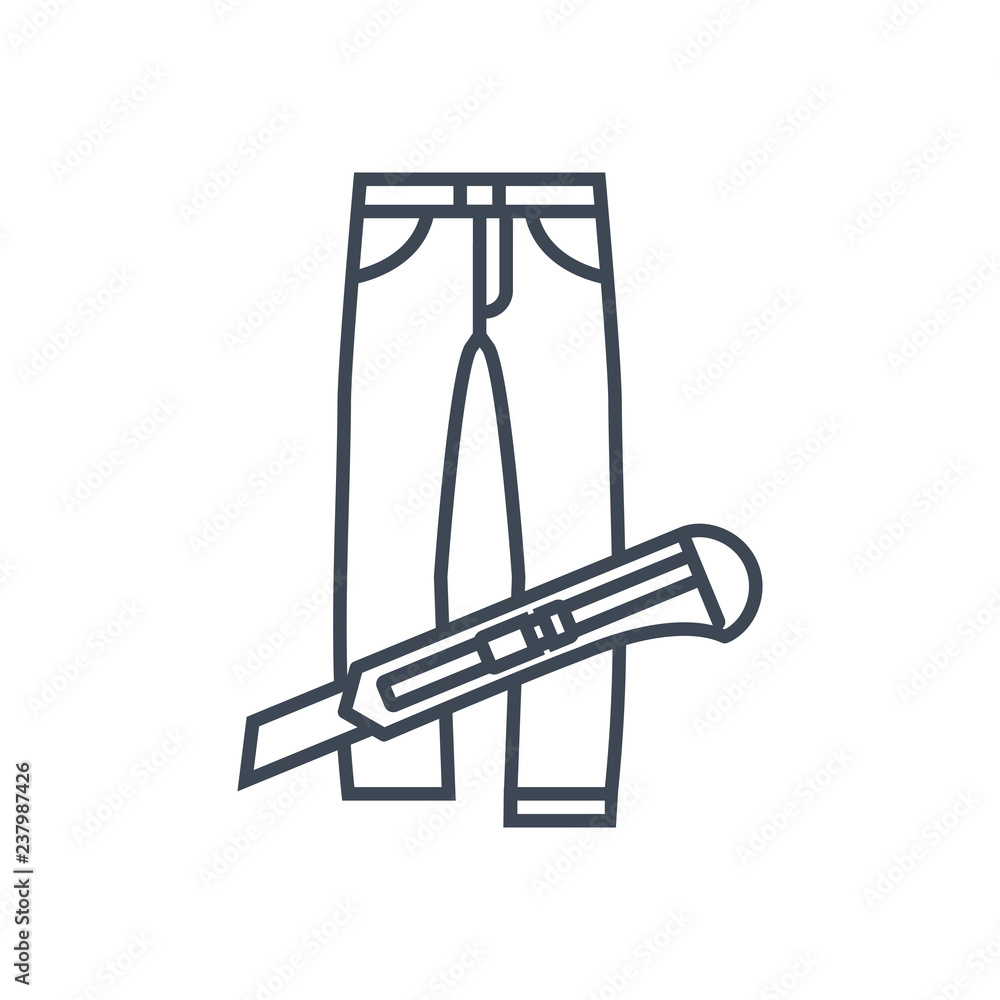 Obraz premium thin line icon cutting jeans, trousers using cutter, knife