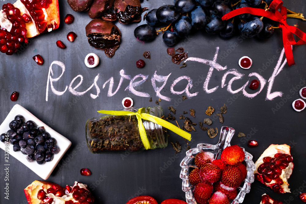 mix of fresh fruits and berries, green tea rich with resveratrol raw ...