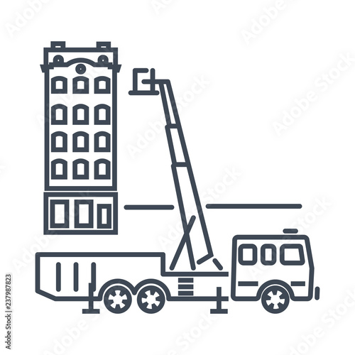 thin line icon fire truck, aerial ladder, building