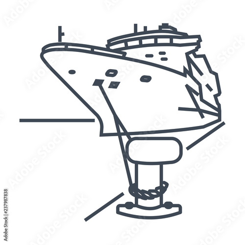thin line icon ship moored in port, bollard with mooring ropes