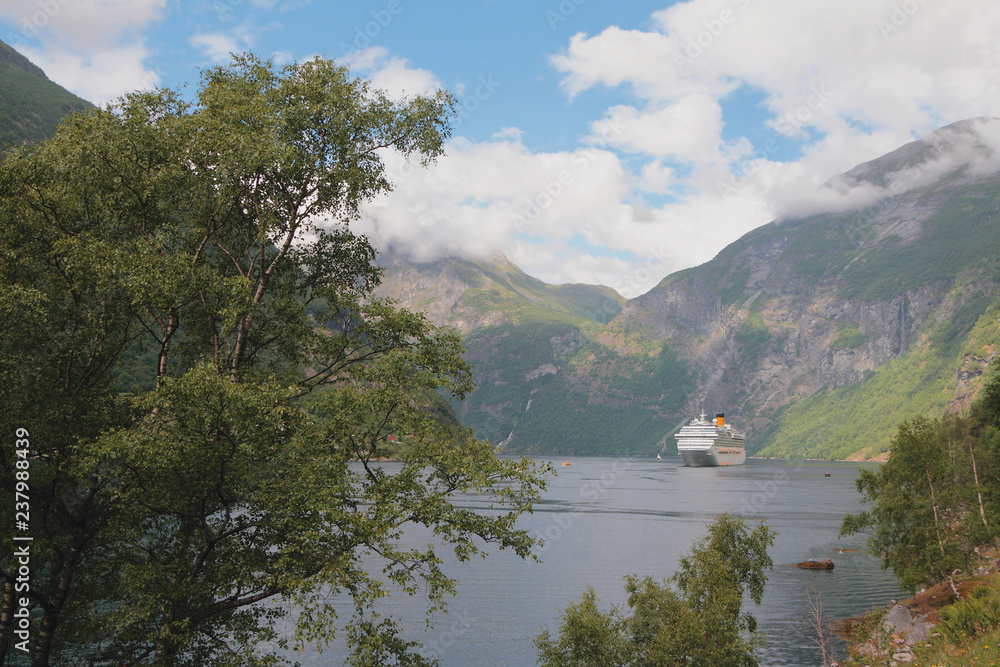Geirangerfjord and cruise liner on parking. Geiranger, Stranda, Norway