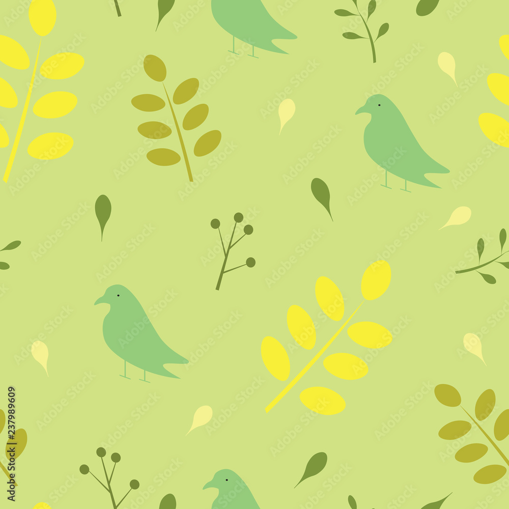 Seamless pattern with birds and leaves, vector