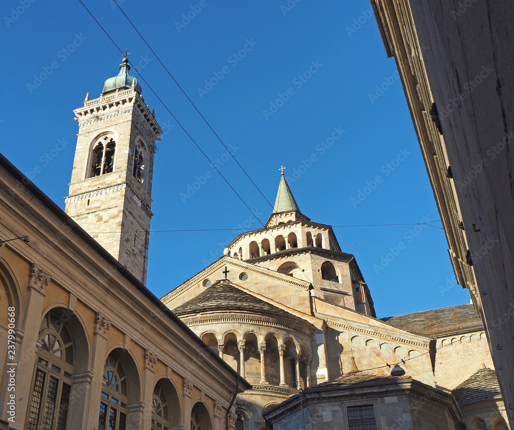 Obraz premium Bergamo, the old town. One of the beautiful city in Italy. The bell tower and the dome of the Santa Maria Maggiore Cathedral